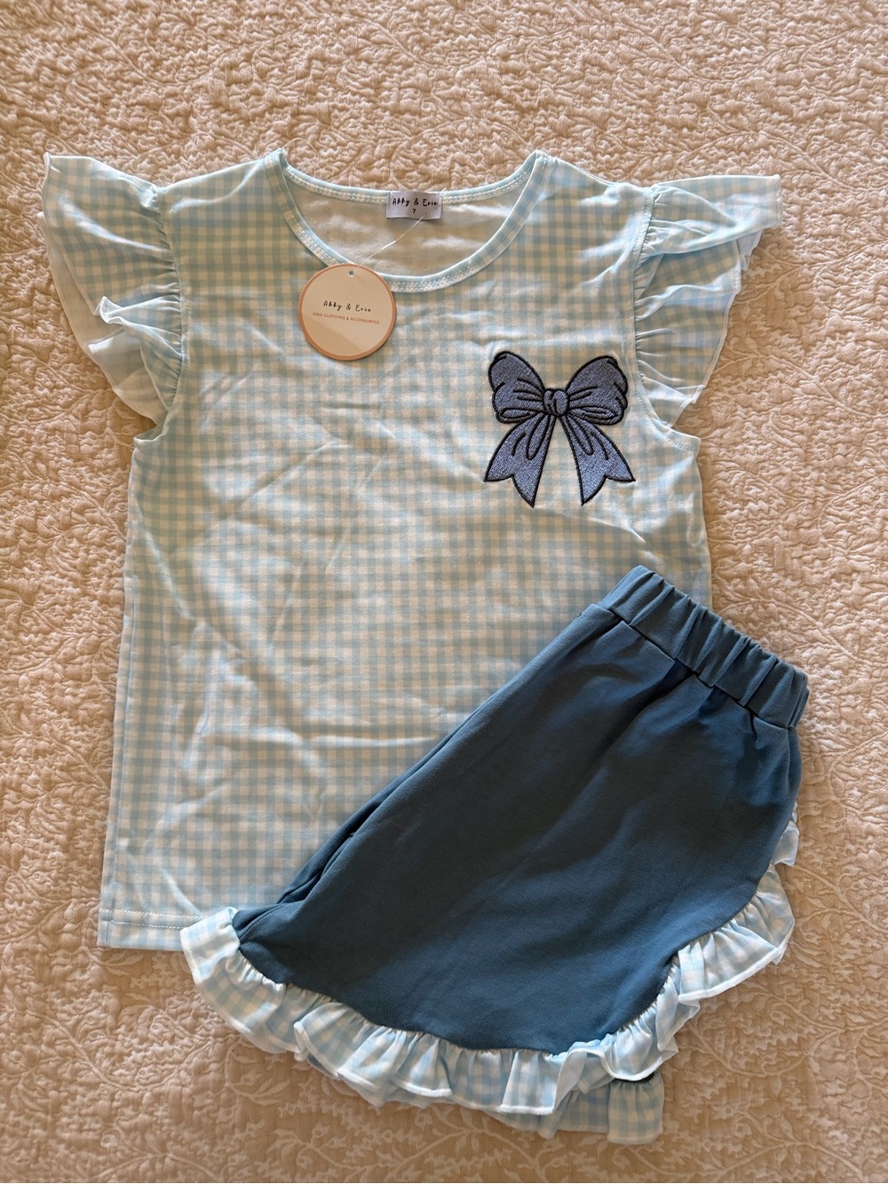 Light Blue Gingham Bow Kids Matching Set